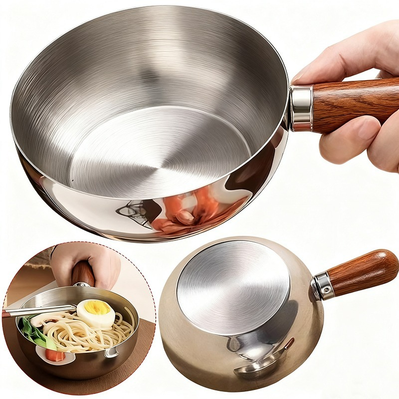Kitchen Baking Bowls - หม้อสแตนเลสพร้อมด้ามจับไม้วอลนัท หม้อหุงต้มขนาดเล็กสำหรับทอดไข่ อุ่นนม ทำจากเหล็ก 316 สำหรับทำอาหารในครัว