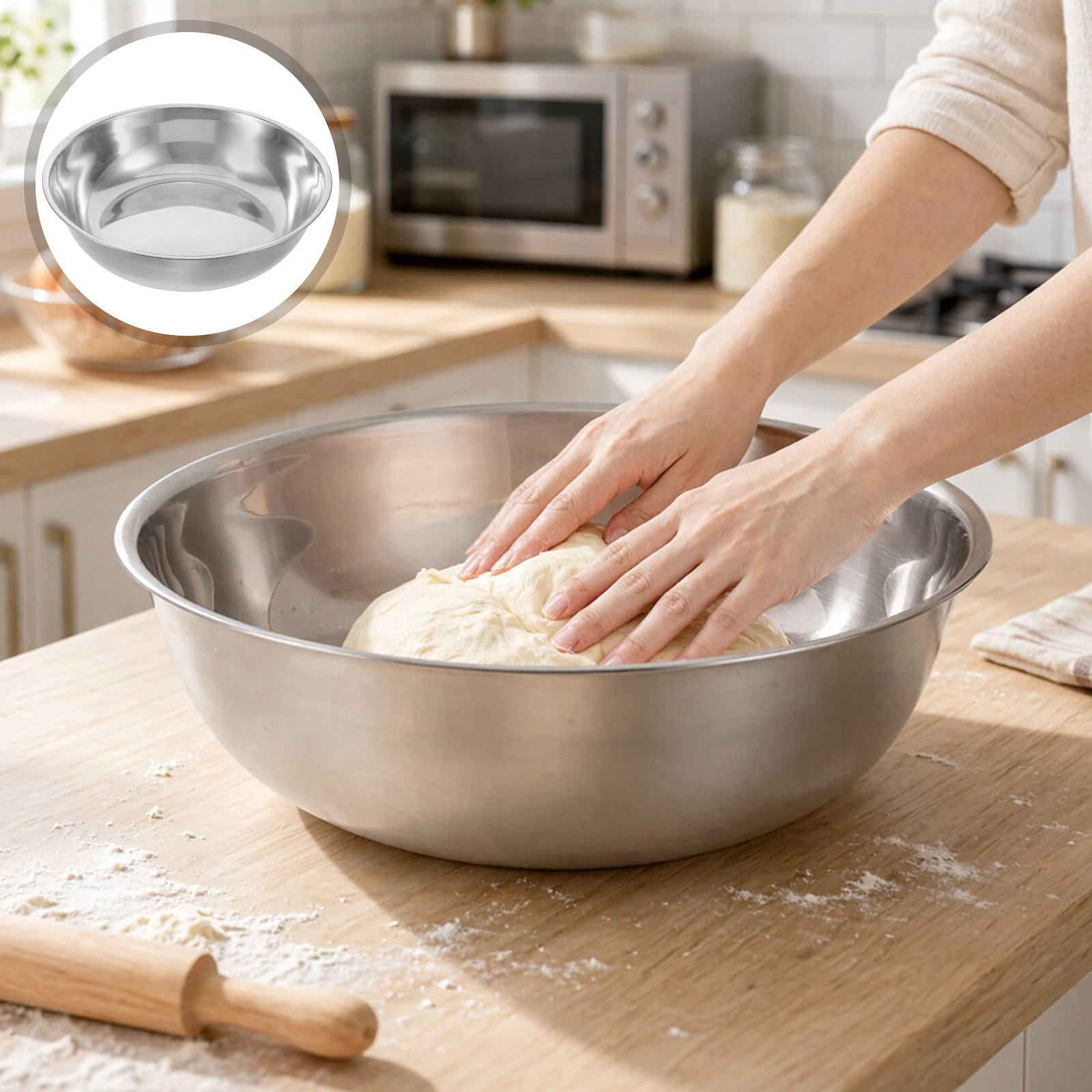 Kitchen Baking Bowls - ชามผสมสแตนเลสขนาด 12.6 นิ้ว อ่างล้างโลหะ อ่างล้างผักผลไม้ในครัว อ่างสำหรับนวดแป้ง
