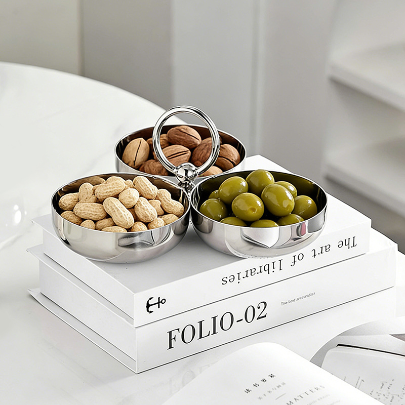 Cake Board Round - ถาดเสิร์ฟขนมผลไม้สแตนเลสพรีเมียม 3 ช่อง สไตล์นอร์ดิก สำหรับของหวาน ถั่ว