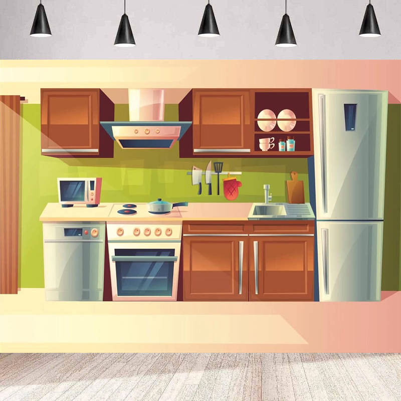 Kitchen Baking Background - การถ่ายภาพฉากหลังการ์ตูนห้องครัวเด็กทารกทำอาหารเบเกอรี่พื้นหลังบ้านภายในผนังตู้ตู้ตู้เย็นตกแต่ง