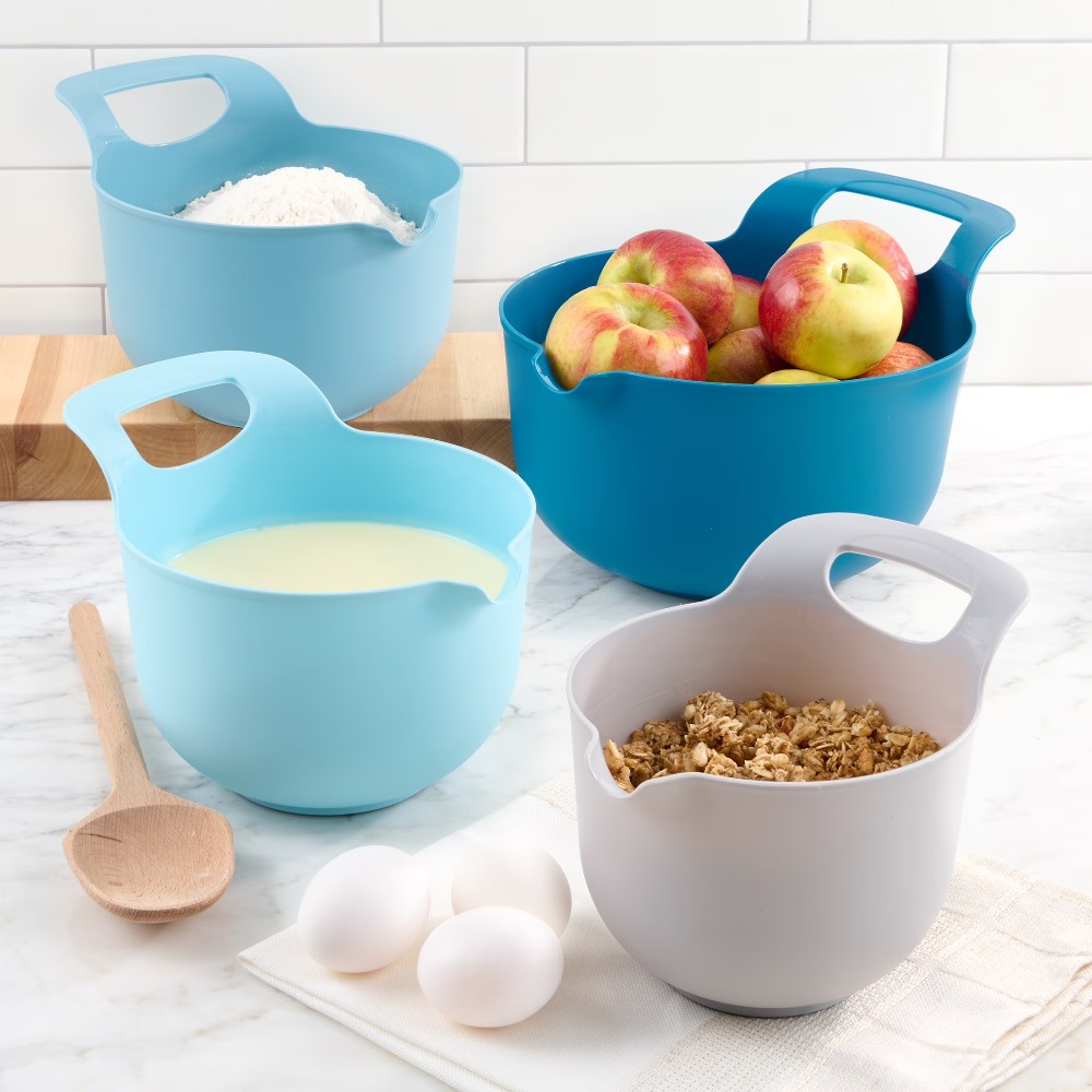 Kitchen Baking Bowls - ชุดชามผสมพลาสติกแบบซ้อนได้ 4 ใบ พร้อมที่เทและหูจับ อุปกรณ์ครัวสำหรับทำขนม ทำอาหาร