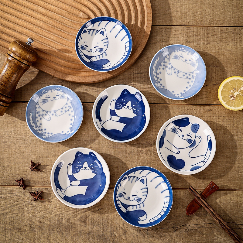 Cake Board Round - เซรามิคสไตล์ญี่ปุ่นขนมหวานจานซอสสร้างสรรค์น่ารักการ์ตูน Lucky Cat รูปแบบ Water Drop
