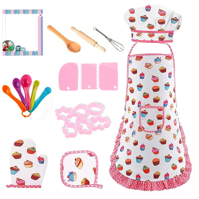 Kitchen Baking Cloth - ชุดของเล่นทำครัว ชุดทำขนม ชุดเล่นบทบาทสมมติ ชุดเครื่องครัวสำหรับเด็กผู้หญิง ชุดผ้ากันเปื้อนเชฟสีชมพู ชุดแต่งกายเพื่อการศึกษา
