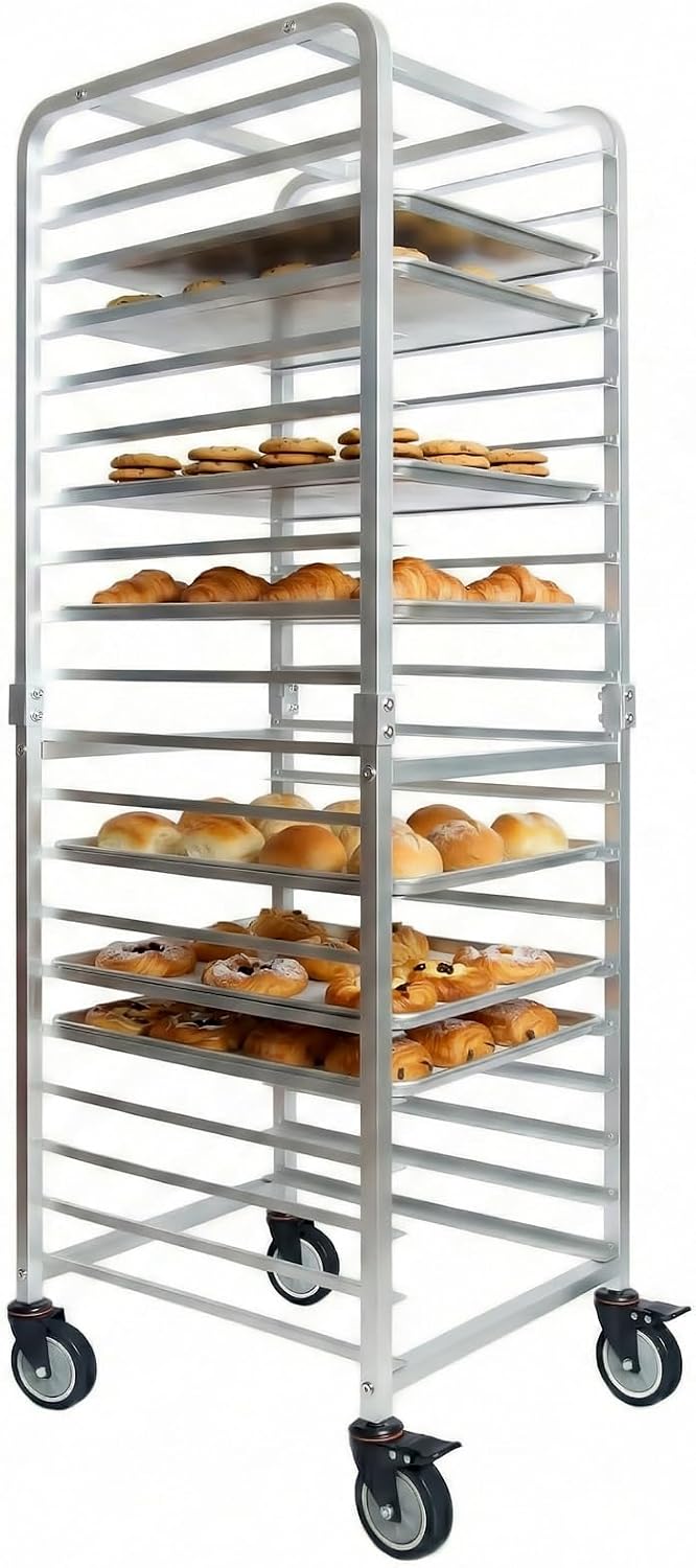 Kitchen Baking Pans - ชั้นวางถาดสแตนเลส 20 ชั้น พร้อมล้อเลื่อน รถเข็นเบเกอรี่แบบเคลื่อนที่ ชั้นวางขนมปังแบบเร็ว