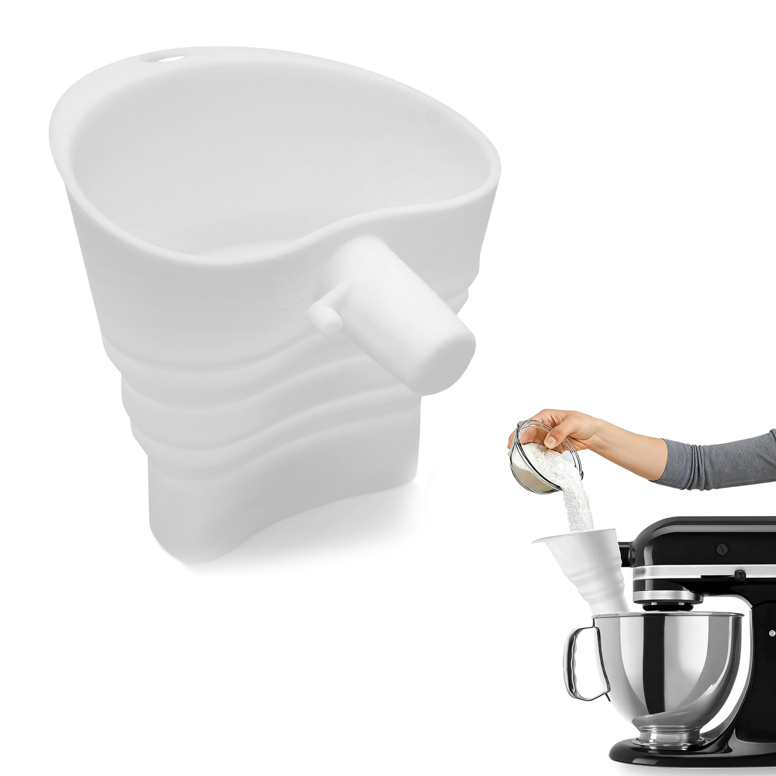 Kitchen Baking Aid - กรวยแป้งซิลิโคนสำหรับเครื่องผสมอาหารแบบตั้งพื้น ใช้กับเครื่องผสมอาหารแบบตั้งพื้นได้ พับเก็บได้ ใช้กับเครื่องล้างจานได้ เหมาะสำหรับการอบขนมในครัว