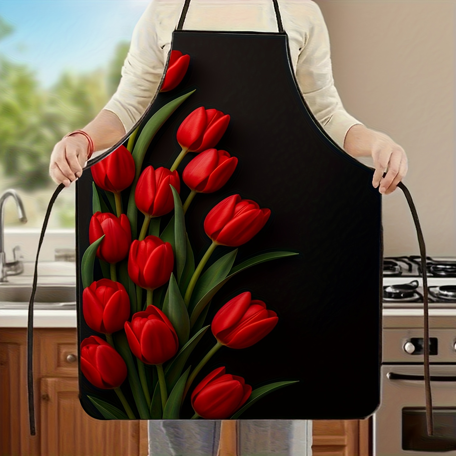 ผ้ากันเปื้อนลายดอกทิวลิปสีแดง  - Kitchen Baking Background บทวิจารณ์และราคา