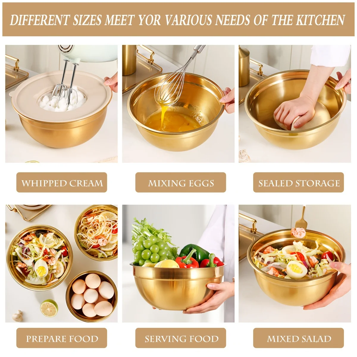 ชุดชามผสมสแตนเลสสีทอง 10 ชิ้นพ - Kitchen Baking Bowls บทวิจารณ์และราคา